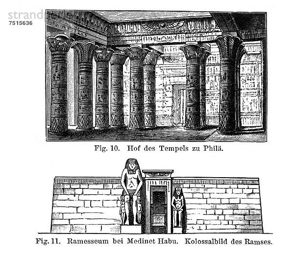 Ägyptische Tempel  Hof des Tempels zu Philä  Ramesseum bei Medinet Habu  Kolossalbild des Ramses  Illustration  Meyers Konversationslexikon  1897
