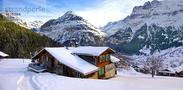 Europa Berg Winter sehen Chalet Westalpen Grindelwald Schweiz Schweizer Alpen