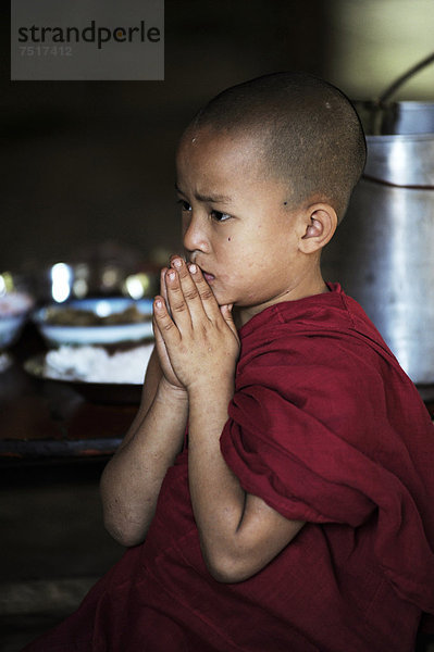 Buddhistischer Novize in Kloster beim Beten  Myanmar  Birma  Burma  Südostasien  Asien