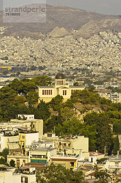 Athen Hauptstadt Europa Fokus auf den Vordergrund Fokus auf dem Vordergrund Ansicht Akropolis Griechenland Sternwarte alt