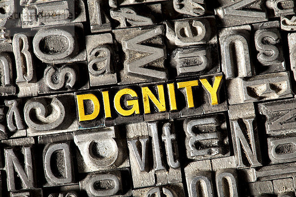 'Alte Bleilettern bilden das englische Wort ''DIGNITY'''