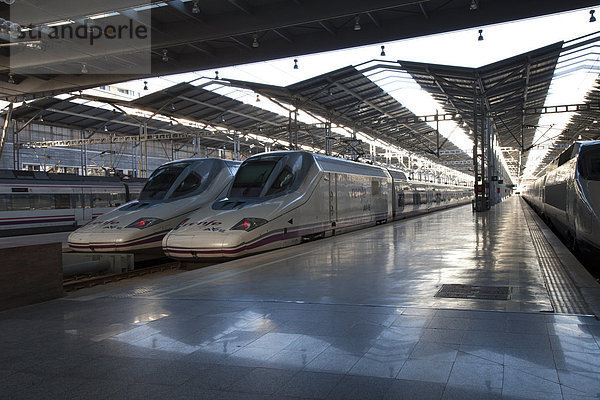 Züge am leeren Bahnsteig  Bahnhof  Malaga  Andalusien  Spanien  Europa