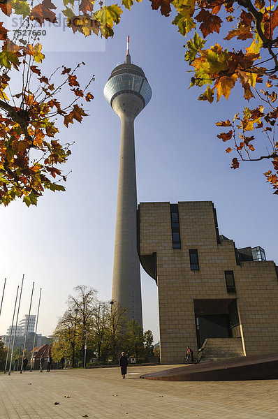 Rheinturm mit dem nordrhein-westfälischen Landtag  Düsseldorf  Nordrhein-Westfalen  Deutschland  Europa