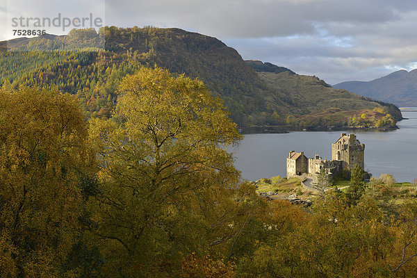 Eilean Donan Castle mit herbstlichem Wald  Stammsitz des schottischen Clans der Macrae  Loch Duich  Dornie  Northwest Highlands  Schottland  Vereinigtes Königreich  Europa