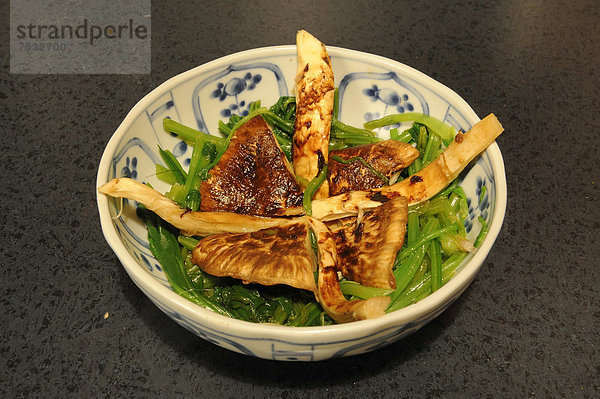 Matsutake  teuerster Speisepilz  als Gericht in einer japanischen Essschale  Kyoto  Japan  Ostasien  Asien