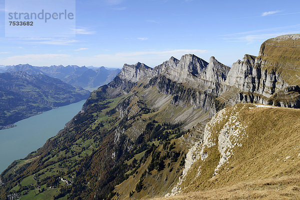 Sicht von der Chäserrugg auf die Kurfirsten und den Walensee  Wattwil  Toggenburg  Schweiz  Europa