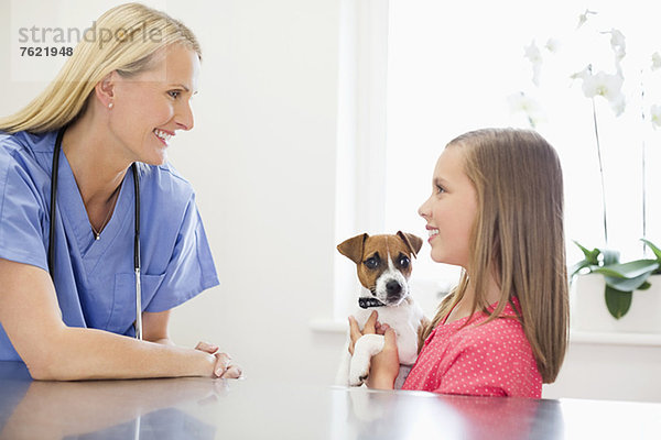 Tierarzt und Besitzer des Hundes in der Tierarztpraxis