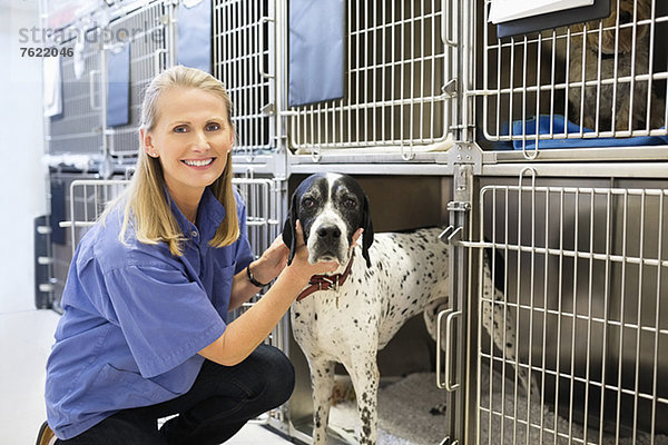 Tierarzt platziert Hund im Zwinger
