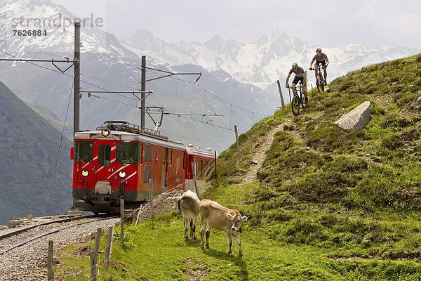 Zwei Mountainbiker in den Alpen  Andermatt  Schweiz