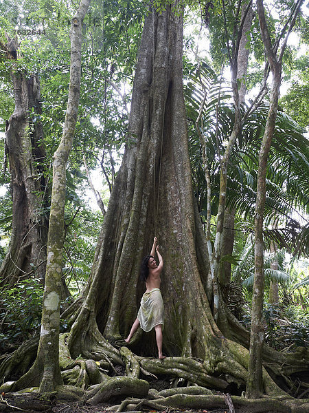 Frau  45  zieht an einer Liane eines Kapokbaumes (Ceiba pentandra)  Regenwald  Punta Uva  Puerto Viejo de Talamanca  Costa Rica  Zentralamerika