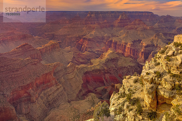 Vereinigte Staaten von Amerika  USA  Erhöhte Ansicht  Aufsicht  Nationalpark  Außenaufnahme  Landschaftlich schön  landschaftlich reizvoll  Amerika  Sonnenuntergang  Beleuchtung  Licht  Landschaft  Steilküste  Sonnenaufgang  niemand  Wüste  Natur  ungestüm  Arizona  Ansicht  Sonnenlicht  Grand Canyon  Schlucht  UNESCO-Welterbe  freie Natur  South Rim