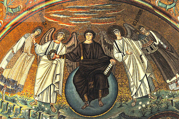 Kunstwerk  zeigen  Erde  Engel  jung  schreiben  halten  UNESCO-Welterbe  Christ  Basilika  Krone  Italien  Mosaik  Ravenna