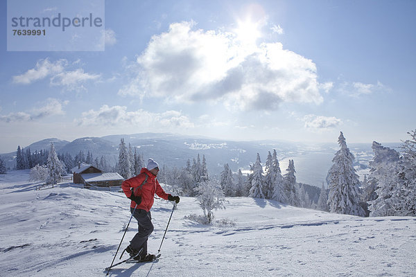 Landschaftlich schön landschaftlich reizvoll Schneeschuh Berg Winter Mann gehen Baum Landschaft See wandern Wintersport