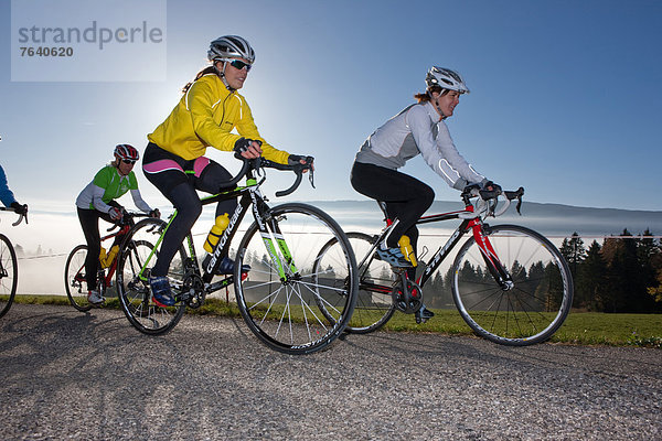 Frau Sport Fahrradfahrer Fahrrad Rad Landwirtschaft Nebel Herbst Nebelmeer Fahrrad fahren