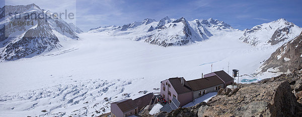 Panorama Hütte Europa Berg Eis Gletscher Graubruststrandläufer Calidris melanotos Platz Schweiz Aletschgletscher Berghütte Almhütte