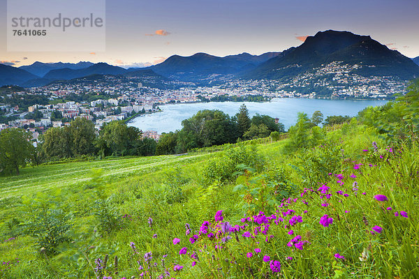 Europa Stadt Großstadt See Lugano Schweiz Morgenstimmung