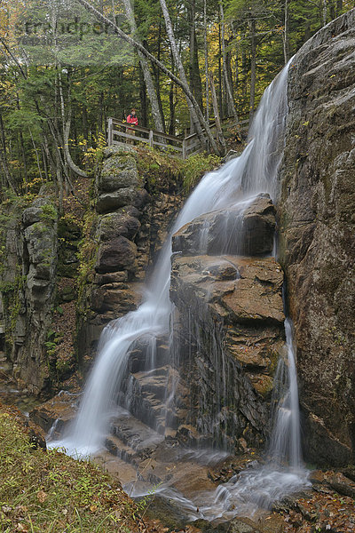 Vereinigte Staaten von Amerika  USA  Hochformat  Wasser  Frau  Ostküste  Amerika  grün  Natur  fließen  wandern  Nordamerika  Wasserfall  Neuengland  Außenaufnahme  Schlucht  Moos  New Hampshire
