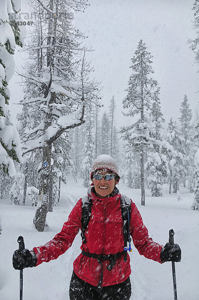 Vereinigte Staaten von Amerika  USA  Biegung  Biegungen  Kurve  Kurven  gewölbt  Bogen  gebogen  Frau  Amerika  Ski  Nordamerika  Außenaufnahme  Norden  querfeldein  Cross Country  National Forest  Nationalforst  Oregon  Schnee  schneien