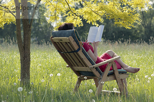 sitzend junge Frau junge Frauen Buch Stuhl Baum unterhalb Garten Laubbaum Taschenbuch vorlesen