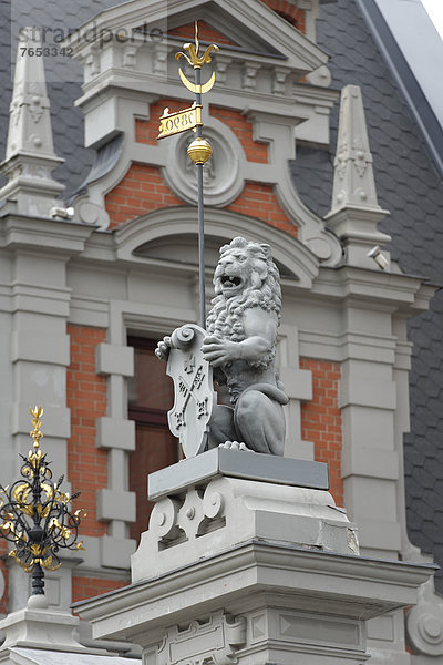 Löwe Panthera leo Europa Skulptur Wohnhaus frontal Riga Hauptstadt Lettland Rathausplatz