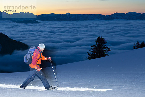 Ein Mann beim Schneeschuhwandern  Schneeschuhwanderung am Ahornkaser an der Rossfeldstraße  Blick zum Watzmann  Berchtesgadener Land  Bayern  Deutschland  Europa