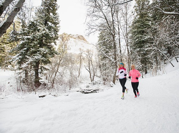 Frau  Winter  Wald  joggen  2