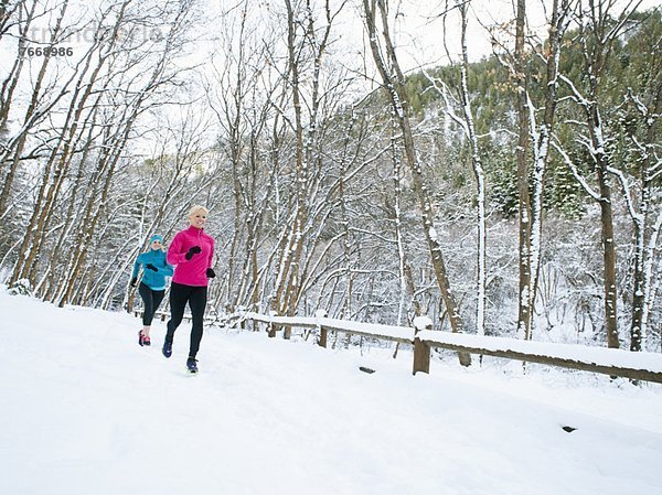 Frau  Winter  Wald  joggen  2