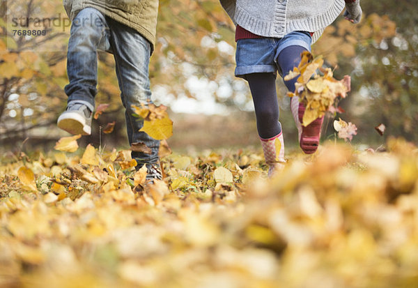 Kinder beim Wandern im Herbstlaub