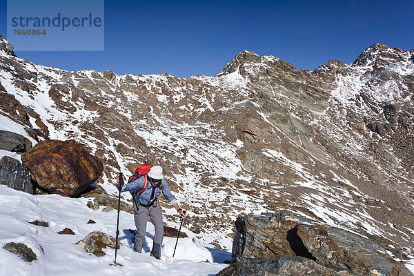 Wanderer beim Aufstieg zur hinteren Eggenspitz im Ultental  hinten die Zufrittspitz  Südtirol  Italien  Europa