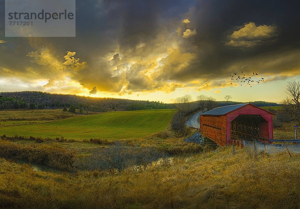 bedecken  Sonnenuntergang  über  Hügel  Brücke  Herbst  Bach