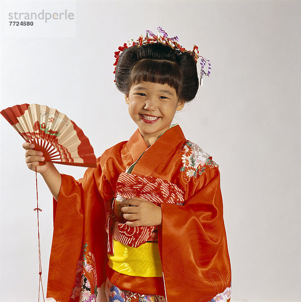 Japanese Girl In Red Kimono  Traditional With Headdress Hold Fan  Smiling B1871