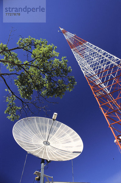 Broadcast Tower And Satellite Dish  Tree And Blue Skies