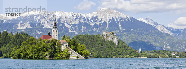 Insel Blejski Otok mit der Marienkirche im Bleder See und den Karawanken in Bled  Slowenien  Europa