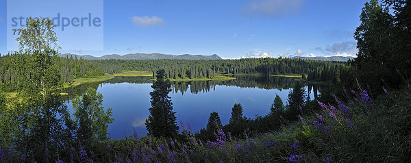 USA  Alaska  Blick vom Kroto Lake auf Mount Mckinley  Mount Hunter und Mount Foraker