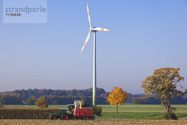 Deutschland  Nordrhein-Westfalen  Blick auf Windkraftanlage mit Erntefahrzeug bei Coesfeld