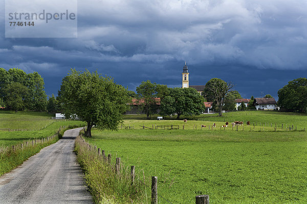 Deutschland  Bayern  Blick auf Hohenschaftlarn Dorf und Kirche