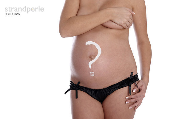 Schwangere Frau mit Fragezeichen auf dem Bauch
