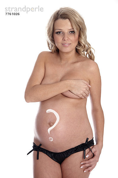 Schwangere Frau mit Fragezeichen auf dem Bauch