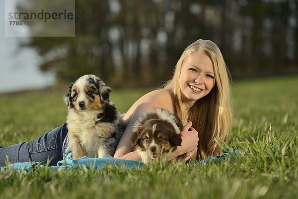 Junge Frau mit Australian Sheperd Welpen  Bayern  Deutschland  Europa