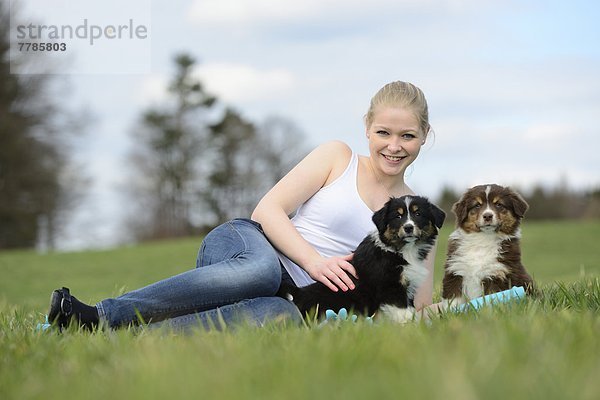 Junge Frau mit Australian Sheperd Welpen  Bayern  Deutschland  Europa