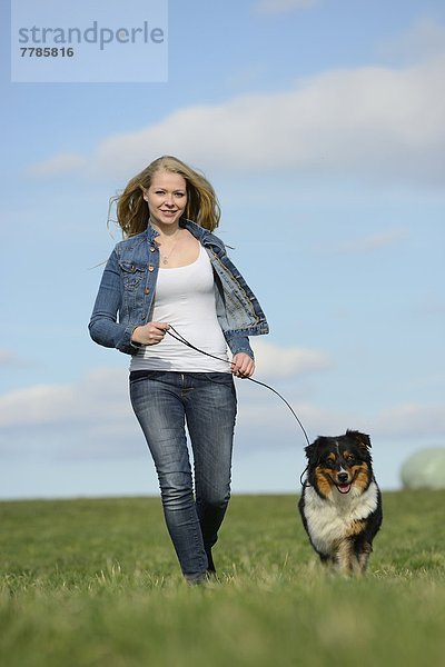 Junge Frau mit Australian Sheperd Welpen  Bayern  Deutschland  Europa