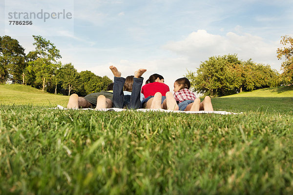 Familie mit zwei Kindern auf Gras liegend  Rückansicht