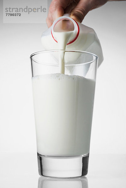 Milch wird in Trinkglas gegossen