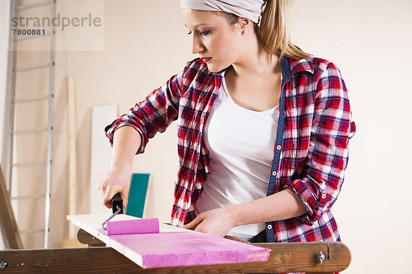 junge Frau junge Frauen streichen streicht streichend anstreichen anstreichend Bauholz schießen Studioaufnahme