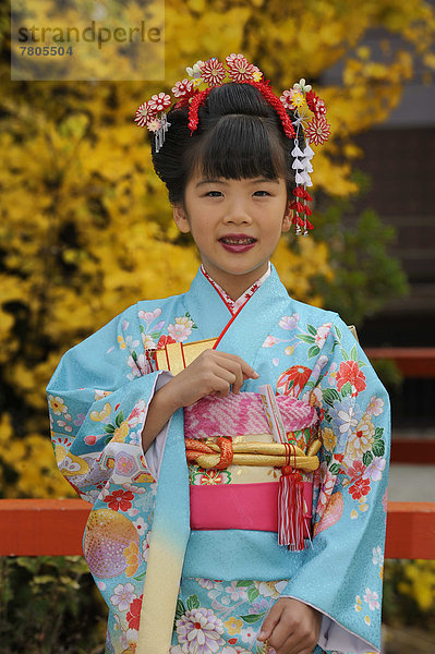 Festlich gekleidetes japanisches Mädchen für das Fest Shichi-go-san im Shimogamo Schrein