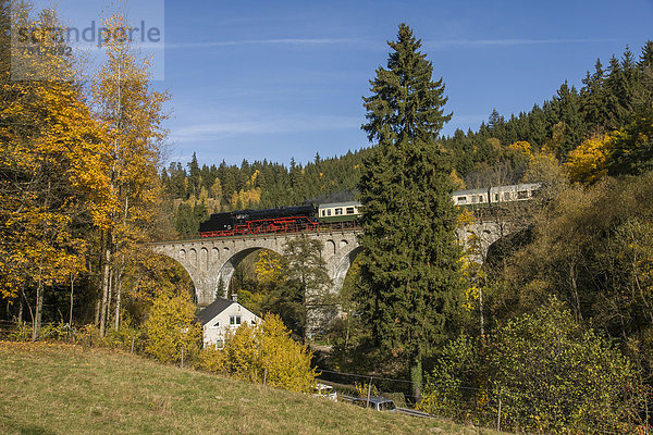 Viadukt an der Bärenmühle bei Wurzbach  Personenzug mit Dampflok
