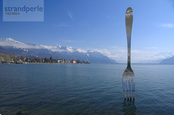 Skulptur  Stadt  See  Hintergrund  Alpen  Gabel  einsetzen  Genf  Montreux  Schweiz