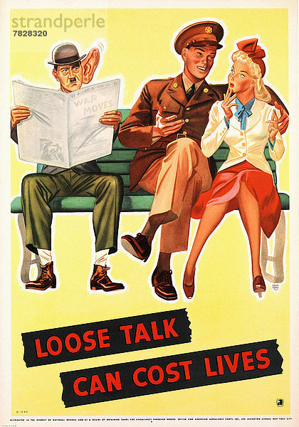 Vereinigte Staaten von Amerika  USA  Frau  zuhören  Nachricht  aufspüren  Gefahr  Bedrohung  Werbung  Soldat  Stille  Poster  Krieg  amerikanisch  Verrat  Freund  Information  Zweiter Weltkrieg  II.