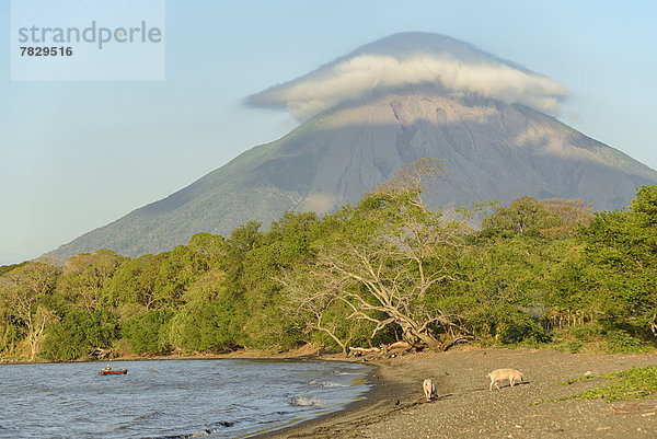 Mensch  Menschen  Strand  Aktion  Rauch  Boot  Vulkan  Mittelamerika  Konzept  UNESCO-Welterbe  Nicaragua  Schwein