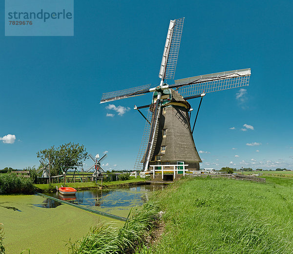 Windturbine  Windrad  Windräder  Wasser  Europa  Sommer  Feld  Wiese  Niederlande